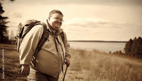 A young Caucasian traveler with a backpack smiles while standing against a forest and lake backdrop Down syndrome © volga