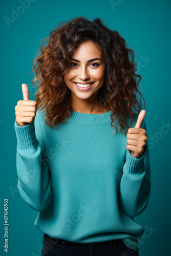 Woman with curly hair giving thumbs up sign.