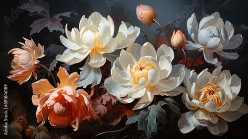  a close up of a bunch of flowers on a black background with white  orange  and yellow flowers in the middle of the picture and bottom half of the flowers in the middle of the picture.