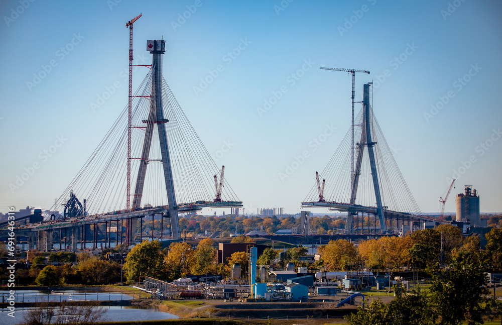 Windsor, Ontario Canada - October 22, 2023: Gordie Howe bridge under construction showing both support towers final height.