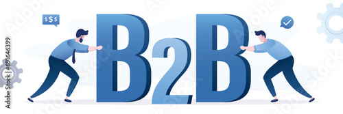 Businessmen push giant letters to meet each other. b2b concept. Successful negotiations, collaboration, corporate relations. Business vision