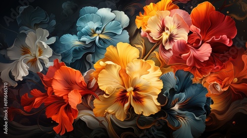  a close up of a bunch of flowers on a black background with red  yellow  blue  and white flowers in the middle of the petals and the petals.