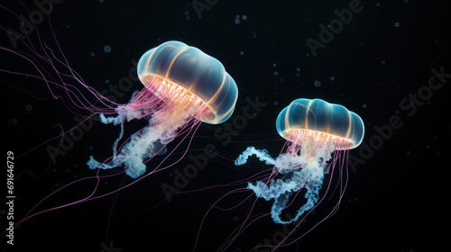  a couple of jellyfish floating in a dark blue water filled with small white and pink jellyfish floating in the air and looking like they are floating in the same direction. © Anna