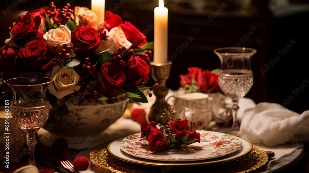 Design an elegant Valentine's Day dinner for two with candlelight, fine china, and exquisite floral arrangements, all captured in HD for a sophisticated atmosphere