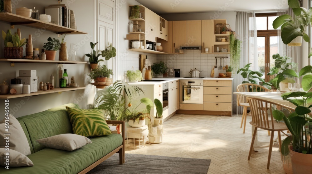 a living room filled with lots of furniture and a potted plant on top of a wooden shelf next to a kitchen area with a stove top oven and dining table. a living room filled with lots of furniture and a potted plant on top of a wooden shelf next to a kitchen area with a stove top oven and dining table.