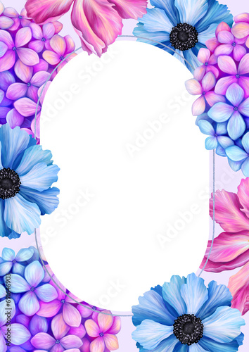 A4 template for text with beautiful flowers. Frame or border with violet blue flowers. Realistic high quality botanical illustration for romantic pretty wedding invitation, greeting card, cosmetic.