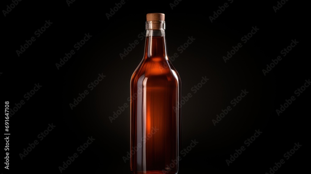 a brown glass bottle with a wooden stopper on a black background with a light reflection on the bottom of the bottle and the bottom half of the bottle is empty. a brown glass bottle with a wooden stopper on a black background with a light reflection on the bottom of the bottle and the bottom half of the bottle is empty.