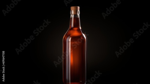  a brown glass bottle with a wooden stopper on a black background with a light reflection on the bottom of the bottle and the bottom half of the bottle is empty.