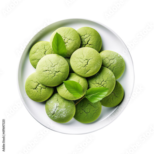 top view of matcha green tea cookie in a plate isolated on a white transparent background 