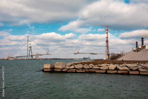 Windsor, Ontario Canada - November 23, 2023: Gordie Howe bridge under construction showing both support towers final height. photo