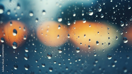  a close up of a rain covered window with a blurry image of a street light in the background and raindrops on the window and a blurry background.
