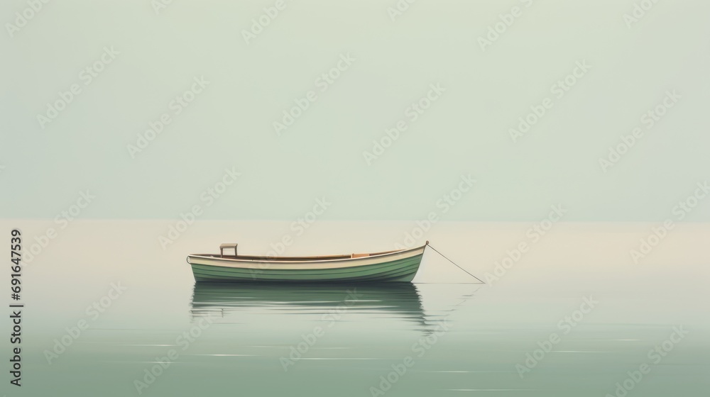  a small boat floating on top of a large body of water with a person standing on the front end of the boat in the middle of the water on a foggy day.