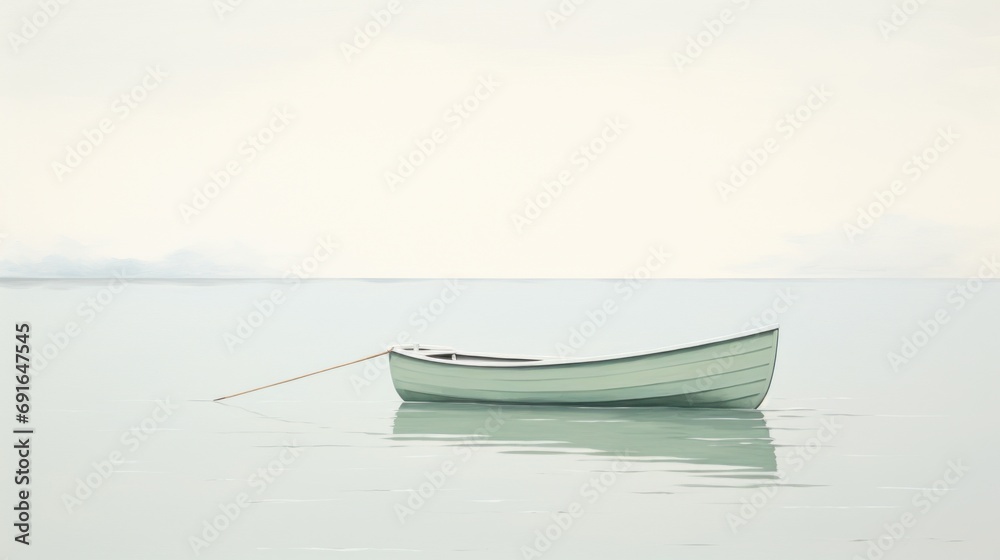  a white boat floating on top of a large body of water next to a boat with a long oar sticking out of it's side of the water.
