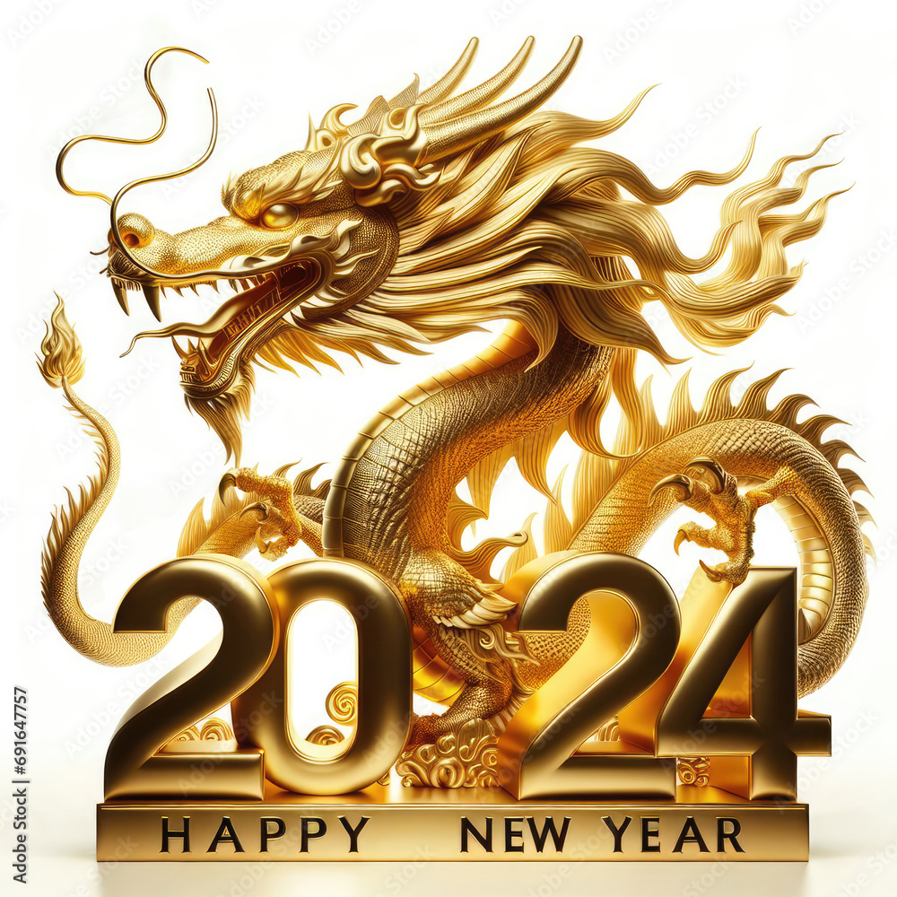Obraz premium Chinese New Year 2024 with Golden Dragon, numbers and text, isolated on white background, clipping path included.