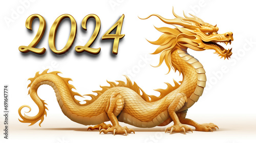 Happy chinese new year 2024 with Golden Dragon on white background with clipping path