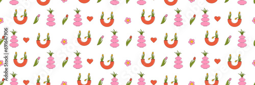 Seamless pattern with vases of flowers. Modern groovy style. Vector illustration.