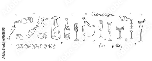 Big set of champagne bottles and glasses in doodle style. Alcohol drinks. Tangerine, ice cubes, strawberry. Great for bar menu, banner, greeting card, holiday, wedding, New Year celebration