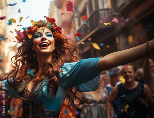 A woman in a bright costume dances on the street, surrounded by flower petals. Concept: festive atmosphere of a carnival and festival on the street. happy and cheerful girl with makeup