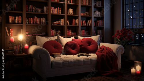 a cozy reading nook with plush cushions and soft blankets, featuring a bookshelf filled with classic love stories, creating a romantic atmosphere for Valentine's Day