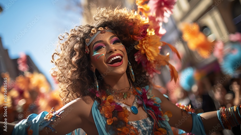 A woman in a bright costume dances on the street, surrounded by flower petals. Concept: festive atmosphere of a carnival and festival on the street. happy and cheerful girl with makeup