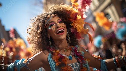 A woman in a bright costume dances on the street, surrounded by flower petals. Concept: festive atmosphere of a carnival and festival on the street. happy and cheerful girl with makeup