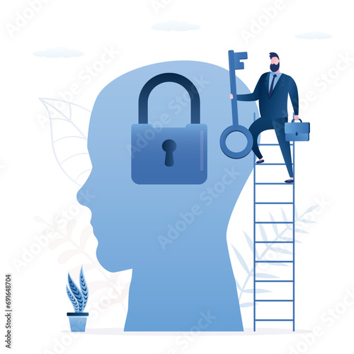 Psychologist or mentor unlock mind with key. Support to unlock creative thinking in yourself, find secret key to generate ideas, brainstorming to create innovations