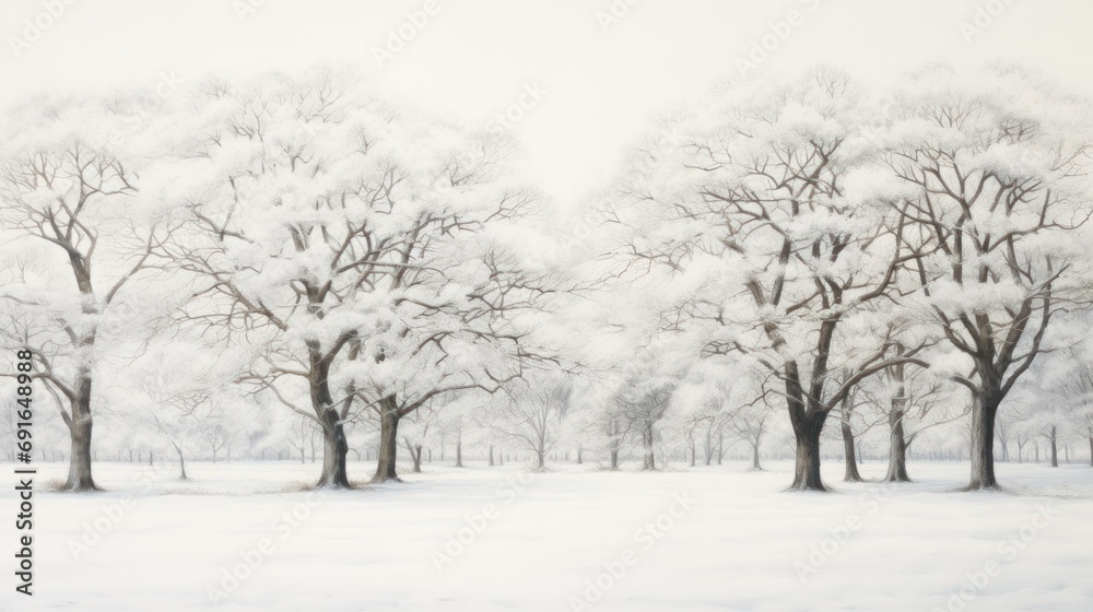 a painting of a snowy landscape with trees in the foreground and snow on the ground, with a light dusting of snow on the trees in the foreground. a painting of a snowy landscape with trees in the foreground and snow on the ground, with a light dusting of snow on the trees in the foreground.