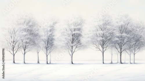  a painting of a row of trees in a snow covered field with white snow on the ground and one tree in the foreground with no leaves on the ground.