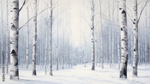  a painting of a snow covered forest with trees in the foreground and a birdhouse on the far end of the tree line in the middle of the picture. © Anna