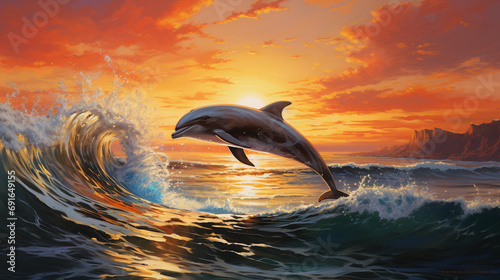 dolphins playfully jumping above ocean waves photo