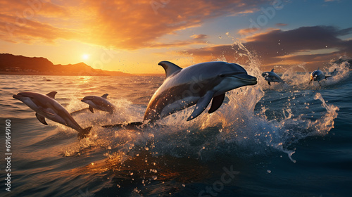 dolphins playfully jumping above ocean waves photo