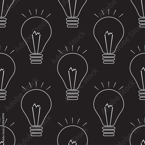 Lamp light bulbs seamless pattern, monochrome design. Light bulbs icon. Concept for inspiration of big ideas, innovation. White lamps on black background. Idea symbol, brainstorm.