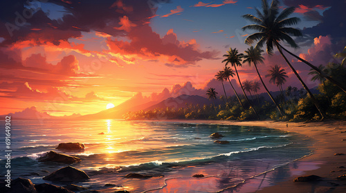 tropical sunrise over a tranquil, sandy beach with palm trees photo