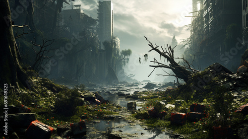 apocalyptic world overgrown with nature, devoid of humans photo