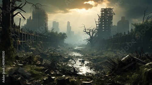 apocalyptic world overgrown with nature, devoid of humans photo
