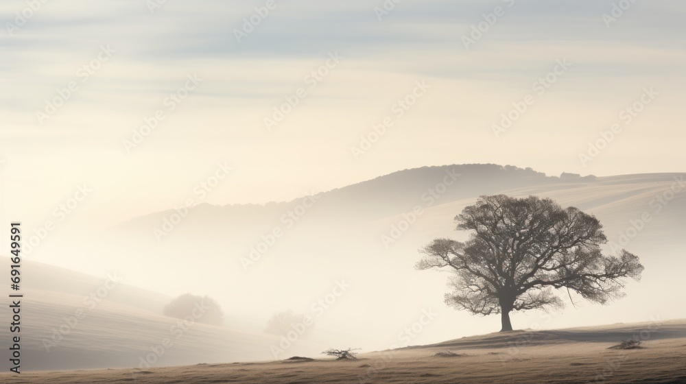  a lone tree in the middle of a foggy field with hills and hills in the background in the distance is a hill with a single tree in the foreground.