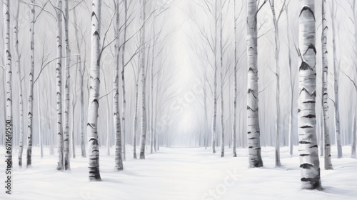  a painting of a snow covered forest with trees in the foreground and snow on the ground in the foreground, and a foggy sky in the background. © Anna