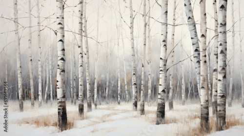 a painting of a snow covered forest with trees in the foreground and snow on the ground in the foreground, and a path through the trees in the foreground. © Anna