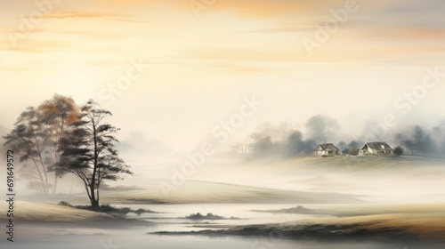  a painting of a foggy landscape with a house in the foreground and a tree on the far side of the picture, with a river running through the foreground.