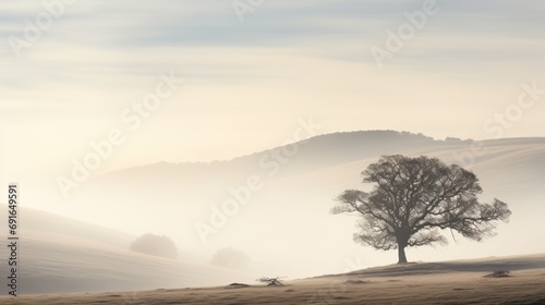 a lone tree in the middle of a foggy field with hills and hills in the background in the distance is a hill with a single tree in the foreground.