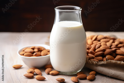 Homemade Almond milk in bottle with almonds in a bowl. Dairy alternative milk