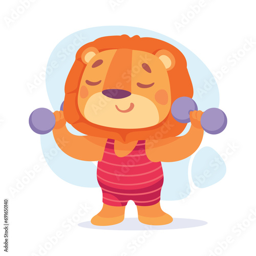 Funny Lion Character Lifting Dumbbell Do Sport Vector Illustration