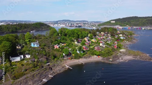 Oslo Island Bleikøya From Traditional Houses Close Up to Overview - Oslo, Norway 2.7K Aerial Footage