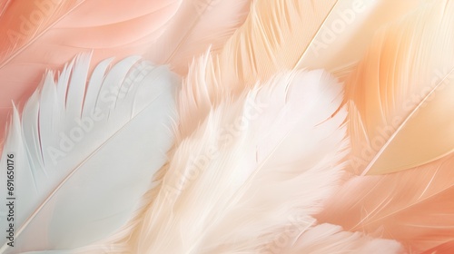 An artistic background, featuring an array of soft, pastelcolored feathers arranged in a textured, minimalist pattern, exuding a serene and aesthetic vibe.