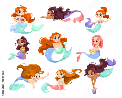Little Girl Mermaid with Fish Tail and Wavy Hair Vector Set