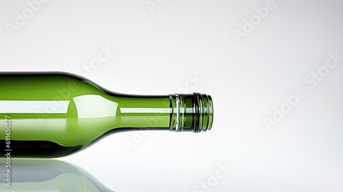  a close up of a green bottle on a white surface with a reflection of the bottle on the surface and the bottom half of the bottle with a black cap.