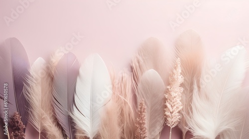 An artistic background, featuring an array of soft, pastelcolored feathers arranged in a textured, minimalist pattern, exuding a serene and aesthetic vibe. photo