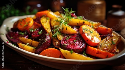  a close up of a plate of food with carrots and other veggies with a sprig of rosemary on top of the top of the plate.