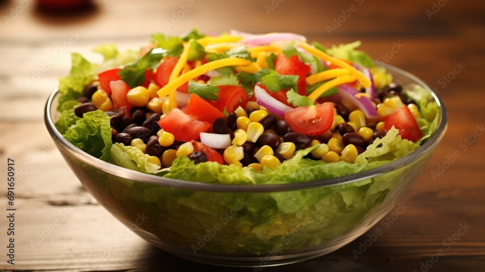a salad with lettuce, tomatoes, black beans, corn, and carrots in a glass bowl on a wooden table with a wooden table in the background. a salad with lettuce, tomatoes, black beans, corn, and carrots in a glass bowl on a wooden table with a wooden table in the background.