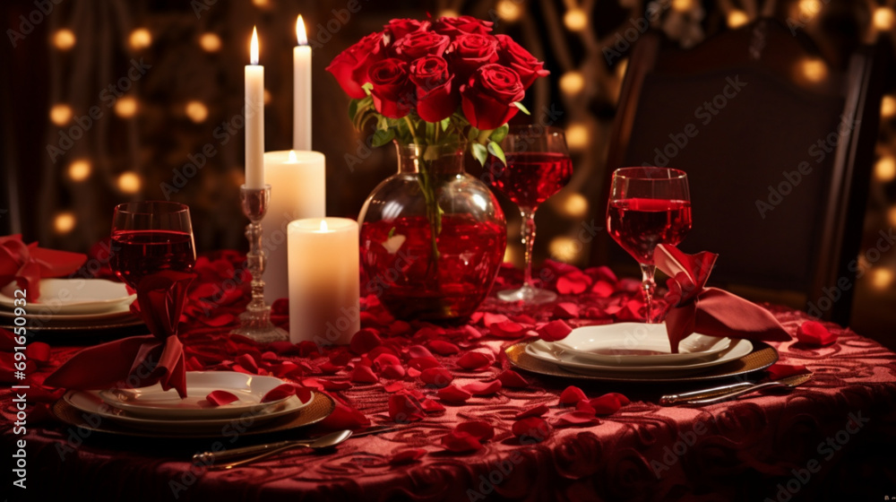 an elegant table set for a romantic dinner, adorned with candles, rose petals, and fine china, creating the perfect ambiance for a Valentine's Day celebration